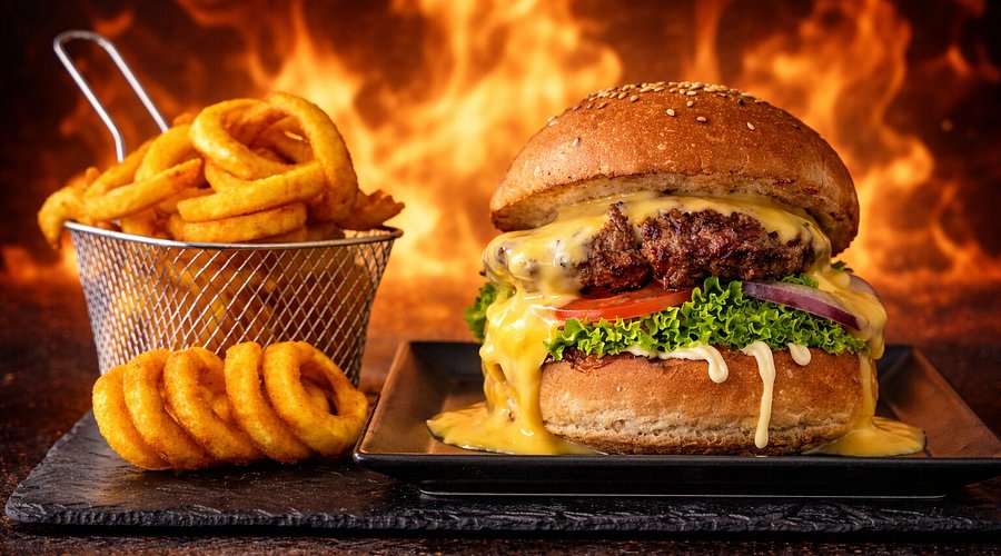 Street style steak burger and fries Robson Street